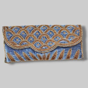 Denim Blue Velvet Beaded Clutch Bag, gold Embroidered Evening Purse, Handmade Indian Wedding Clutch, Formal Party Handbag, Gift for Her