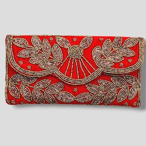 Red Velvet Beaded Clutch Bag, floral Embroidered Evening Purse, Indian Ethnic Bridal Clutch, Wedding Guest Accessory, Gift for Her