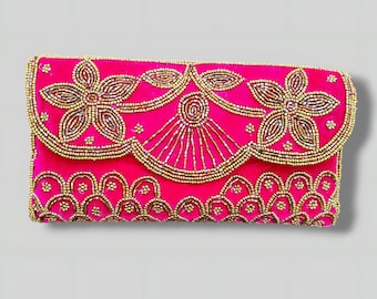 Floral pink Velvet Clutch Bag, Beaded Evening Purse, Indian Ethnic Wedding Clutch, Party Wear Handbag, Handmade Bridal Accessory
