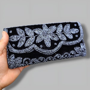 Black Velvet Beaded Clutch Purse, Silver Floral Evening Bag, Elegant Wedding Clutch, Vintage Style Beaded Handbag, Gift for Her