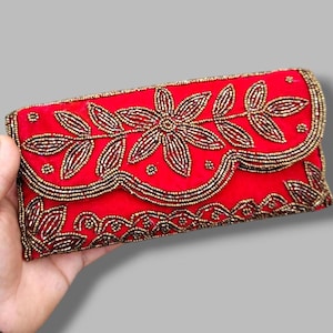 Red Velvet Beaded Clutch Bag, floral Embroidered Evening Purse, Indian Ethnic Bridal Clutch, Wedding Guest Accessory, Gift for Her