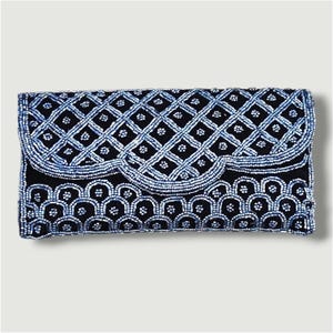 Black Velvet Beaded Clutch Purse, Silver beads Embriodary Bag, Elegant Wedding Clutch, Vintage Style Beaded Handbag, Gift for Her