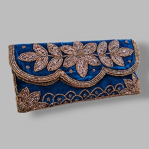 Blue Velvet Beaded Clutch Bag, Embroidered Evening Purse, Handmade Indian Wedding Clutch, Formal Party Handbag, Gift for Her