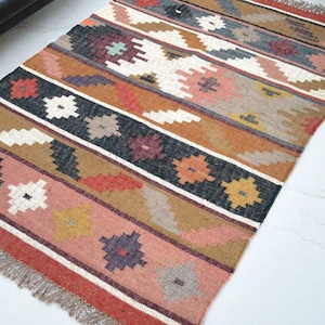 Kilim Rug Wool and Jute Rug Traditional Handwoven 8x10 Indian Kilim Dhurrie Rug Vintage Area Rug Gift Idea for Decorative Home