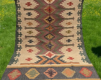 Handwoven Wool Jute Kilim Rug, Traditional Indian Dhurrie