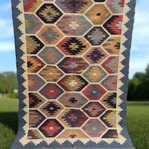 Handmade Wool Jute Kilim Rug, Large Handwoven Bohemian Flatweave Area Rug, Ideal Living Room & Outdoor Decorative Gift Large Rugs