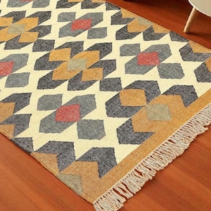 Kilim Rug Wool and Jute Rug Traditional Handwoven 8x10 Indian Kilim Dhurrie Rug Vintage Area Rug Gift Idea for Decorative Home