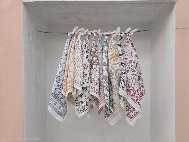 May include: A collection of patterned fabric squares, likely bandanas or small scarves, hang from a wire. The fabrics feature various designs in colors like blue, red, yellow, and brown. They are displayed against a white wall with a pink accent.