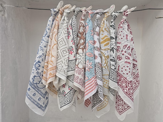 Set of 10 Hand Block Print Cotton Bandanas | Multicolor Vintage Bandana | Boho Head Scarf | Eco Friendly Gift 21x21"