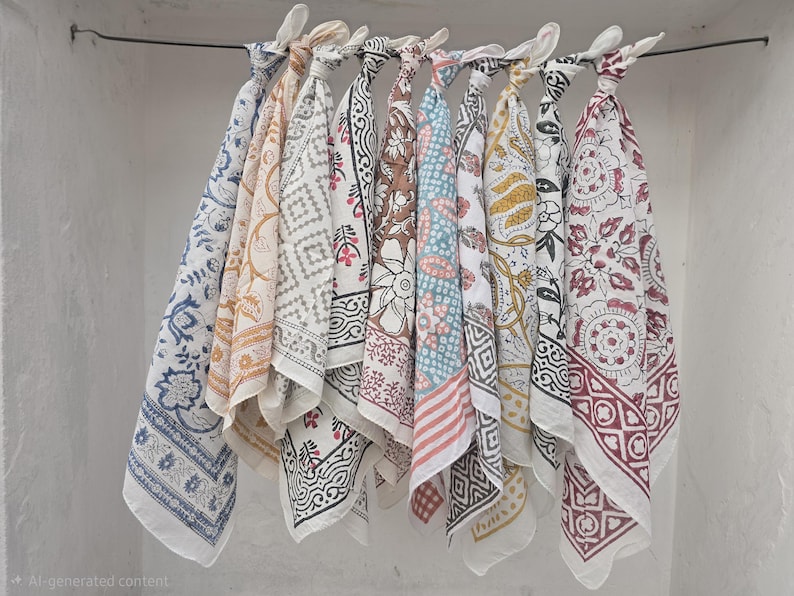 May include: A collection of patterned fabric squares, likely bandanas or scarves, hang from a rod. The designs include floral, geometric, and paisley patterns in various colors like blue, brown, pink, and yellow. The fabric is white with the designs printed on it.