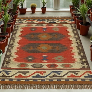 Kilim Rug Wool and Jute Rug Traditional Handwoven 8x10 Indian Kilim Dhurrie Rug Vintage Area Rug Gift Idea for Decorative Home