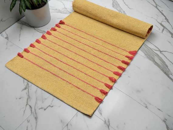 Yellow Handwoven Cotton Yoga Mat, Boho Meditation Rug, Handmade Eco Friendly Organic Exercise Floor Mat, Woven Cotton Runner Rug Yoga Decor