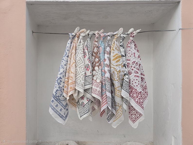 May include: A collection of colorful, patterned cotton scarves hanging on a wire. The scarves feature various designs, including floral, geometric, and paisley patterns in shades of blue, red, yellow, and brown. The scarves are displayed against a white wall.