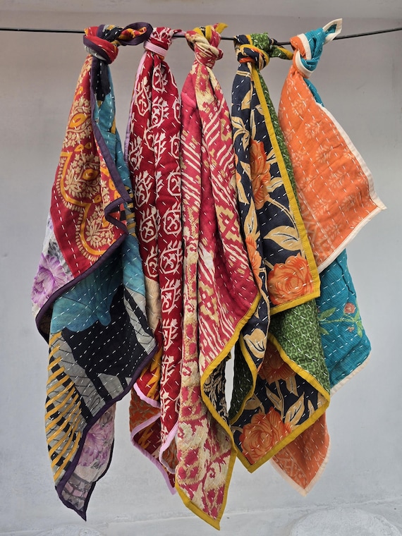 Kantha Kitchen Towel Set of 5 – Bright Colorful Cotton Tea Towels for Kitchen Use & Housewarming Gift Assorted