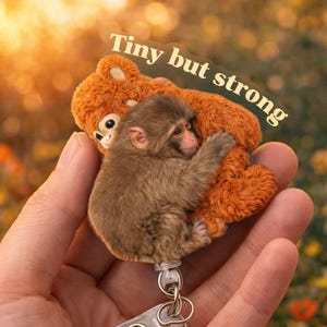 May include: A badge reel featuring a brown monkey hugging a brown teddy bear. The text "Tiny but strong" is above the monkey and bear. The reel has a clear plastic strap and a metal clip.