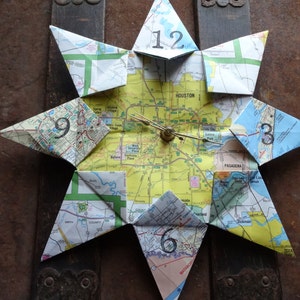 Houston, Tx Origami Paper Map Clock: Housewarming, Destino, Boda, Jubilación, 1er Aniversario, Graduación, Upcycle, Cero Residuos, Eco