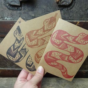 ¡Serpiente! Tarjeta de nota estampada, Celebración, Graduación, Cumpleaños, Animal, Naturaleza, Vida Silvestre, Sello tallado a mano, Estampado, Saludo, Día del Padre