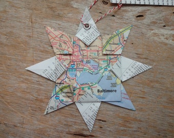 Baltimore, MD Origami Map Ornament, Home Decor, Wall Art, Road Map, Vacation, Christmas, Holiday, Birthday, Wedding, Graduation, Gift