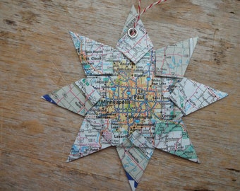 Minneapolis/St. Paul, Origami Map Ornament, Home Decor, Wall Art, Road Map, Christmas, Holiday, Birthday, Wedding, Graduation, Moving, Gift