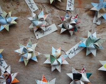 Folded Atlas Moravian Star, Terra, Origami, Paper Craft, Ornament, Wall Art, Upcycle, Reduce, Reuse, Recycle, Zero Waste, Earth, Globe