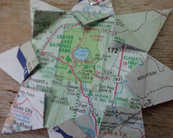 Crater Lake National Park, Oregon Origami Map Ornament, Home Decor, Vacation, Destination, Wanderlust, Park Lands, Upcycle, Sustainable