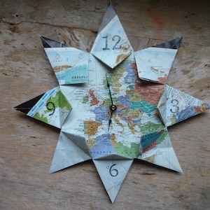 Horloge carte en papier origami Europe : pendaison de crémaillère, voyage, lune de miel européenne, le grand tour, destination, mariage, retraite, décoration de bureau
