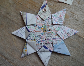 Austin, Texas Origami Map Ornament: Home Decor, Road Map, Vacation, Christmas, Birthday, Wedding, Graduation, San Antonio, Hill Country, ATX