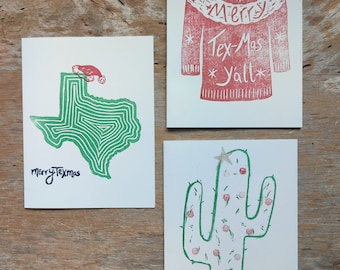 Holiday Stamped Note Card, Christmas Cactus, Merry Texmas, Sweater,  Holidays, Seasons Greetings, Saguaro, Lino Print, Hand Carved Stamp