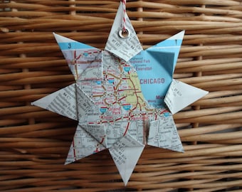 Chicago, Illinois Origami Map Ornament, Home Decor, Wall Art, Road Map, Vacation, Christmas, Holiday, Wedding, Graduation, Moving, Gift