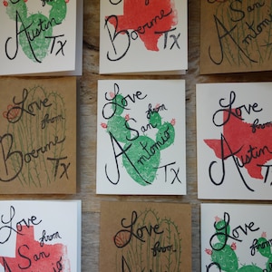 ¡Amor desde Texas! Tarjeta de notas estampada, Austin, San Antonio, Boerne, Texas, Bluebonnet, Cactus, Lonestar, tarjeta de felicitación, sello tallado a mano