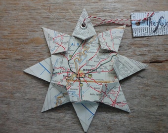 Memphis, Tn Origami Map Ornament, Home Decor, Wall Art, Road Map, Vacation, Christmas, Holiday, Wedding, Graduation, Moving, Gift, Geography
