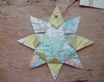 Plano, TX Origami Map Ornament Home Decor, Wall Art, Road Map, Vacation, Christmas, Holiday, Birthday, Wedding, Graduation, Moving, Gift