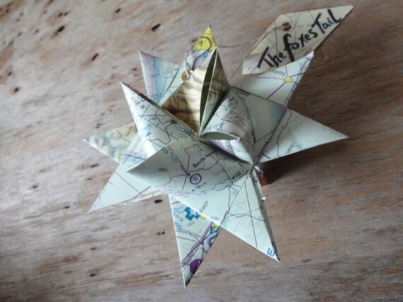 Folded Moravian Star Flight Map Origami Paper Craft Ornament Wall Art Upcycle Reduce Reuse Recycle Zero Waste Earth Globe