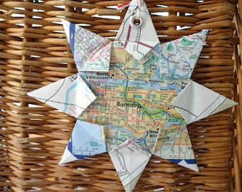 Burnaby, Canada Origami Map Ornament, Home Decor, Wall Art, Road Map, Vacation, Christmas, Holiday, Birthday, Wedding, Travel