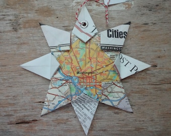 Washington DC Origami Map Ornament, Home Decor, Upcycle, Road Map, Vacation, Christmas, Holiday, Birthday, Wedding, Graduation, Gift