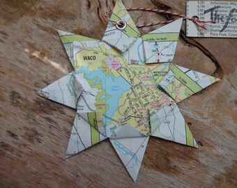 Waco, Tx Origami Map Ornament, Home Decor, Wall Art, Road Map, Vacation, Christmas, Holiday, Birthday, Wedding, Graduation, Moving, Gift
