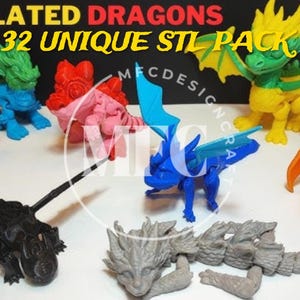 32 Flexi Dragon STL-bundel | Gelede 3D-printmodellen | Digitale download Flexi Toys | Afdrukbare Fidget Dragon-set