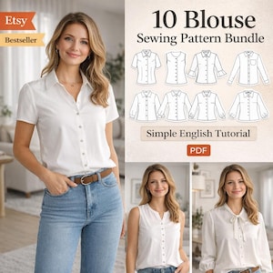 Op de afbeelding: Een vrouw draagt een witte blouse en een blauwe jeans. De afbeelding toont een naaipatroonbundel met 10 blouse-ontwerpen, een eenvoudige Engelse tutorial en de tekst "Etsy Bestseller".