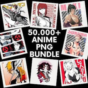 Puede incluir: Una colección de imágenes PNG con temática de anime. La imagen presenta varios personajes de anime en un collage, con el texto "50.000+ ANIME PNG BUNDLE" en el centro. Las imágenes son de varios estilos y colores, con texto japonés.