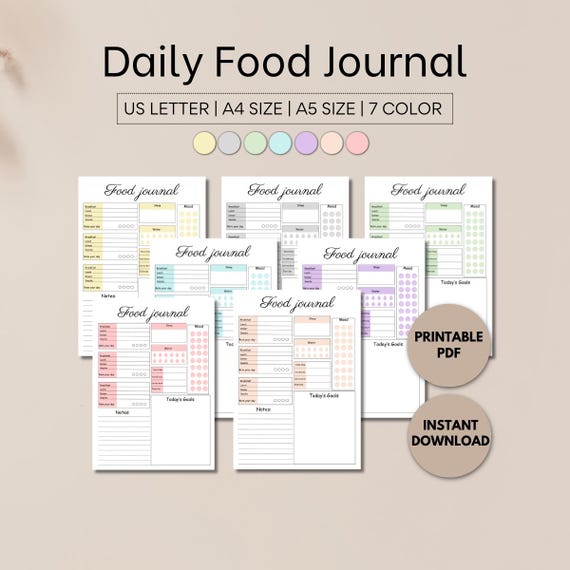 Food Journal Planner, Meal Printable Planner, Food Dairy, Weight Loss Journals, Calorie Log, Daily Nutrition Tracker, Wellness Journals