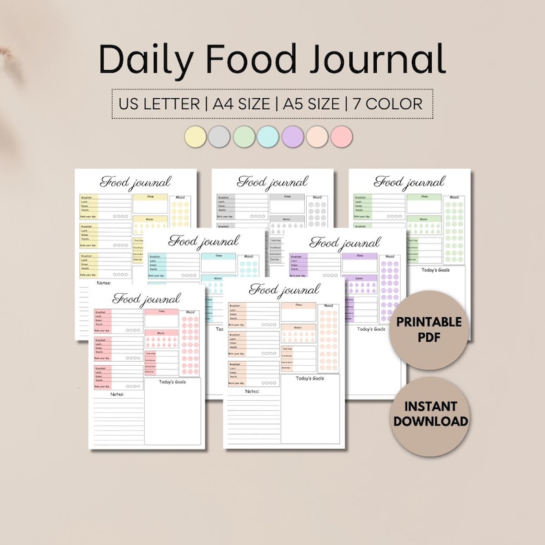 May include: A collection of printable PDF food journals in various pastel colors. Each journal page includes sections for tracking meals, mood, and goals. The text on the image reads "Daily Food Journal" and "Instant Download".
