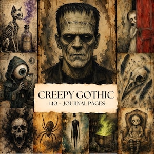 Op de afbeelding: Een verzameling van 140+ dagboekpagina's met gotische illustraties waaronder Frankensteins monster, een skeletkat, een schedel, een spin en een kind, met de tekst CREEPY GOTHIC - 140 + JOURNAL PAGES.