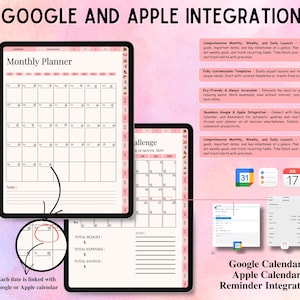 May include: A digital monthly planner displayed on two tablet screens with pink accents, featuring calendar layouts, budget trackers, and notes sections. The interface includes text about Google and Apple integration, with icons for Google Calendar, Apple Reminders, and Apple Calendar.