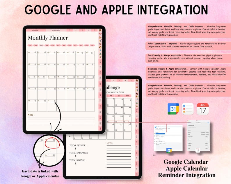 May include: A digital monthly planner displayed on two tablet screens with pink accents, featuring calendar layouts, budget trackers, and notes sections. The interface includes text about Google and Apple integration, with icons for Google Calendar, Apple Reminders, and Apple Calendar.