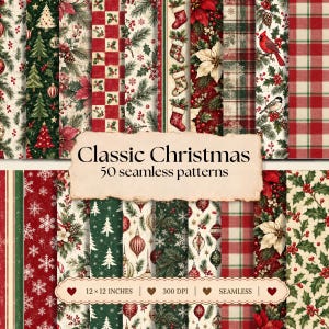 以下が含まれることがあります： 「Classic Christmas」と題された50種類のシームレスなデジタルパターンコレクション。松の木、ポインセチア、ショウジョウコウカンチョウ、雪の結晶、チェック柄、靴下などの祝祭的なモチーフが赤、緑、クリーム色で描かれ、サイズは30.5x30.5cm、解像度は300DPIです。
