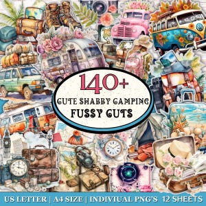May include: A collage of watercolor illustrations featuring vintage travel and camping themes. Includes cars, campers, suitcases, flowers, and the text "140+ Cute Shabby Camping Fussy Cuts".
