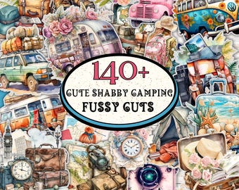 May include: A collage of watercolor illustrations featuring vintage travel and camping themes. Includes cars, campers, suitcases, flowers, and the text "140+ Cute Shabby Camping Fussy Cuts".