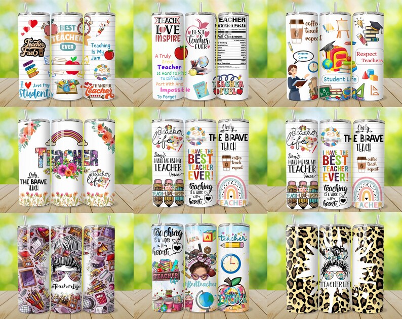 May include: A collection of insulated tumblers with various designs and text related to teaching. The tumblers feature colorful graphics, including apples, books, pencils, and inspirational quotes. Some tumblers have the text "Best Teacher Ever" and "Teacher Life".