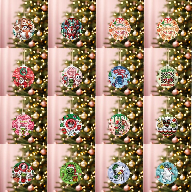 May include: A collection of round Christmas ornaments with various designs, including a snowman, reindeer, gingerbread man, Santa Claus, Stitch, Grinch, and Snoopy. Each ornament is suspended by a gold string and set against a blurred Christmas tree background.