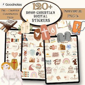 May include: A digital sticker set with a boho Christian theme. The image features a collection of digital stickers with crosses, doves, rainbows, and inspirational quotes. The text includes "120+ Boho Christian Digital Stickers" and "Individual PNG's".